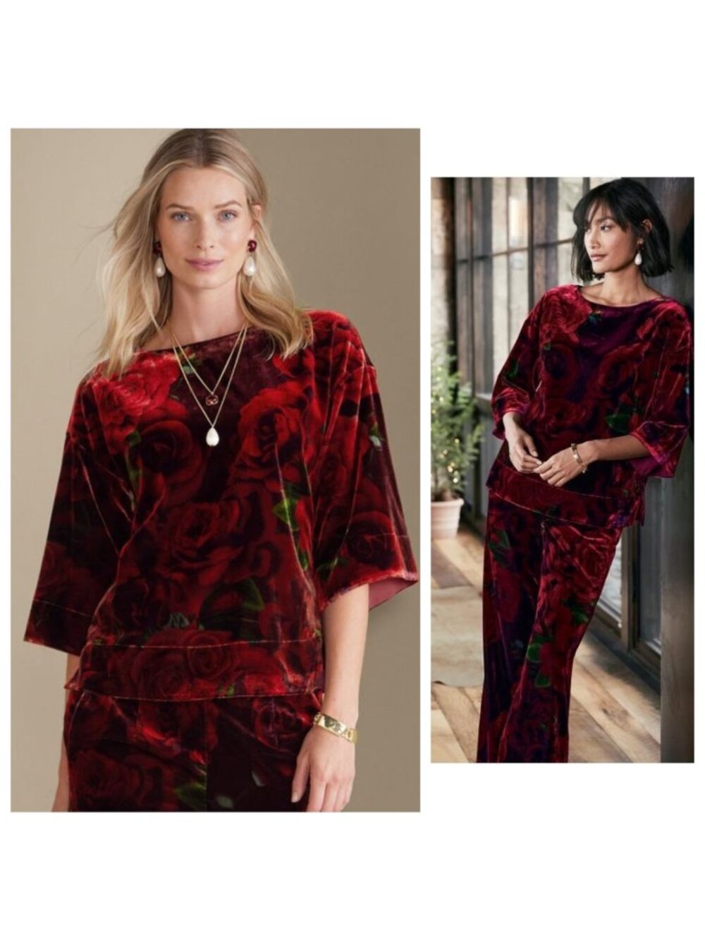 Soft Surroundings Aria Velvet Top 3/4 Sleeve Floral Romantic Roses Red Size M